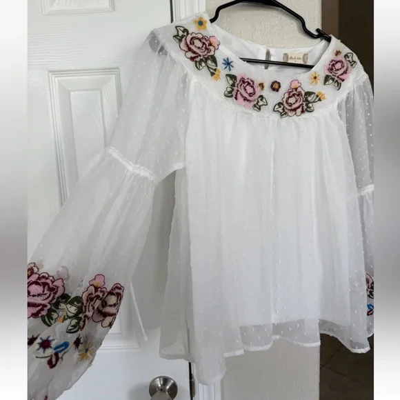 Altard State Embroidered Peasant Top Bell Sleeve Blouse white chiffon Womens M - Picture 3 of 4